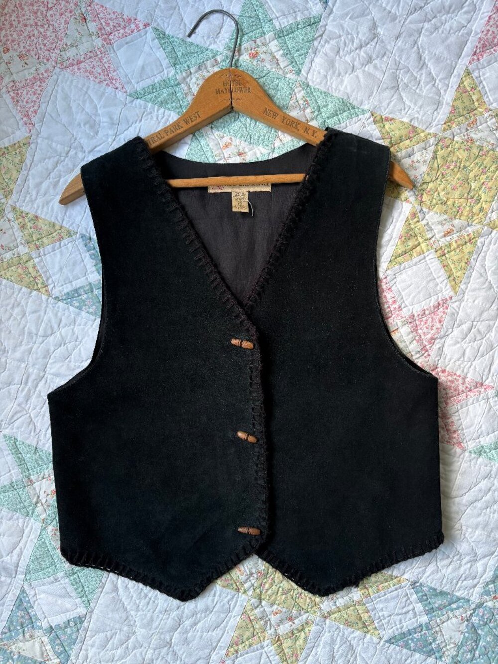 Vintage Black Suede Leather Vest Medium Toggle Button Cottagecore Peasant 90s
